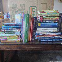 Photo showing multiple children's books stacked on a table with titles visible such as 'Diary of a Wimpy Kid,' 'Zombiekins,' 'I Am Fartacus,' 'Bible Stories in 5 Minutes,' 'Classic Children's Bible Story Book,' and 'Guinness World Records 2021.' A box of washable chalk is also present.