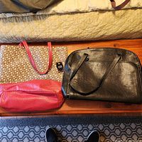 Lot showing two purses side by side on a wooden surface: black leather Lodis purse and beige-brown canvas with red leather DKNY purse.