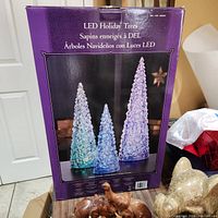 Photo of original retail box showing the product image and branding describing three LED holiday trees with snow-like appearance.