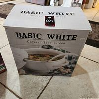 Box of Basic White covered soup tureen, showing front photo and branding.