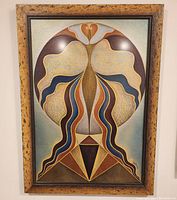 Frontal view of the framed abstract acrylic painting in earth tones with geometric and flowing shapes.