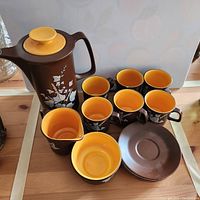 Overall view of complete tea set for six, showing teapot, cups, saucers, creamer, and sugar bowl on wooden surface.