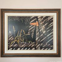 Framed original painting showing entire artwork with wooden frame, white matting, and visible light/shadow pattern on wood surface and rusty hinge detail with plants.