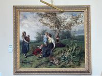 Frontal view of the entire framed painting with mounted brass picture light