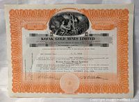 Front of the Kozak Gold Mines Limited shares certificate showing mining vignette, border, share details, signatures, and dated 1934
