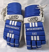 Photo showing front view of blue hockey gloves with white accents, DR logo on wrist strap, intermediate size marked 482, lace-up wrist closures.