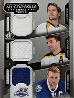 Front view of the 2015 Upper Deck SP Game Used Triple Jersey Swatch Hockey Card showing three jersey swatch inserts with player images and names.