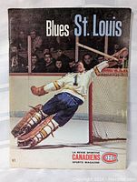 Front cover of program showing goalie in white and blue uniform with 'Blues St. Louis' title.