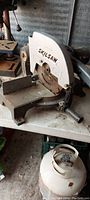 Photo of vintage Skilsaw miter saw showing blade, base, and adjustment handle