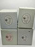Four original Enesco Cherished Teddies boxes stacked showing model numbers, names, and brief descriptions on each side.