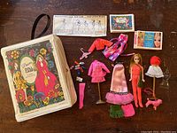 Lot of items includes 1970 Topper Dawn fashion doll in orange jumpsuit, original carrying case with floral design and doll graphics, various doll clothes like pink dress, jacket and skirt, scarf, doll shoes, pink toy poodle, clear handbag, instruction sheet and booklet on doll.