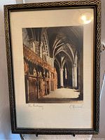Full view of framed etching 'The Hallway' showing cathedral interior with vaulted arches and wooden detailing.