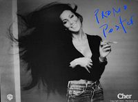 Black and white 1970s Warner Bros promotional poster featuring Cher with long flowing hair, wearing black top and jeans, marked with visible scratches.