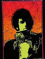 Blacklight Bob Dylan portrait poster with neon yellow-green face and red-orange paisley background.