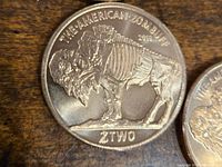Close-up photo of one copper Zombie Buck round showing a skeletal buffalo with text 'THE AMERICAN ZOMBBUFF', year '2012', and denomination 'Z TWO'.