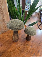 Two wooden decorative mushrooms on wooden table with indoor plants in background