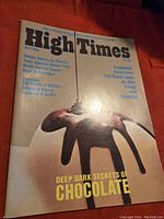 Cover of the High Times magazine showing the title, main chocolate dripping graphic and article text.