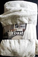 Photo of folded Life Comfort Urban Plus plush throw blanket with packaging label showing brand and dimensions.