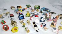 Wide front view showing various lapel pins including flags, states, animals, and novelty characters spread on white surface