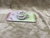 Tray and covered bowl shown together from front view on light fabric surface.