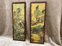 Front view of two Japanese landscape prints on wood panels showing full size and artisanal edges.
