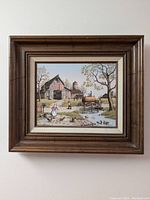 Full view of framed C. Carson Americana oil serigraph depicting a farm scene with pond, barn, and people.