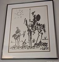 Front view of framed Pablo Picasso Don Quixote print in black and white.