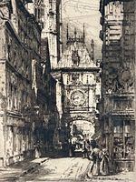 Close-up of the etching showing architectural details of the clock tower and street view with people