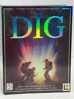 Front of The Dig game box showing title and artwork of three spacemen and light source.