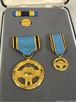 Close-up of NASA Exceptional Service Medal set showing full-sized medal, miniature medal, ribbon bar, and lapel pin held in foam inside the box.
