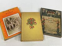 Three vintage children's books placed side by side showing Peter Pan and Wendy with orange dust jacket, Alice's Adventures with floral cover, and Down Spider Web Lane with illustrated cover