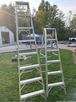 Photo showing two aluminum step ladders of different sizes with a grassy outdoor background, focusing on entire ladders.