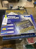 Photo of unopened Mastercraft Maximum 46-piece tap and die set box showing product branding and model details.