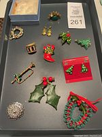 Full view of the jewelry lot showing 8 brooches, 2 pairs of earrings, and 1 single clip-on earring arranged in tray