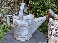Side view of galvanized watering can showing bent handle, long spout with green-edged rose nozzle, and body details.