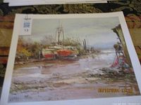 Print of dry dock scene with boats and dock, artist signature not clearly visible in this photo, some minor edge wear on matting.