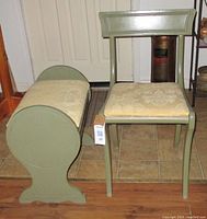 Front view of the sage green chair and matching storage bench showing yellow cushioned seats and wood construction.