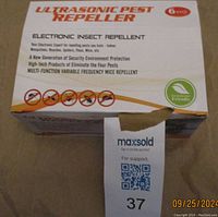 Image of the packaging box for a 6-pack ultrasonic pest repellers showing product description and features.