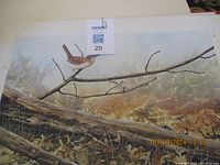 Signed print featuring a bird perched on a tree branch with natural background.