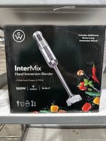 Front view of the Chef Wave InterMix Hand Immersion Blender box showing product image, 500W power, 8 speeds, and 4-in-1 functions including food chopper and whisk.