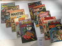Photo showing ten DC Comics vintage comic books arranged to display cover art including Batman, Justice League of America, Superboy, and others