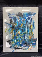 Front view of the signed abstract oil painting by Dennis Sakelson showing full canvas with blue dominant palette, geometric and organic abstract forms, and textural brush strokes.