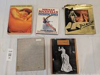 Five hardcover coffee table art books arranged on a white cloth background showing cover art by 19th Century Art, Norman Rockwell, Picasso, and others.
