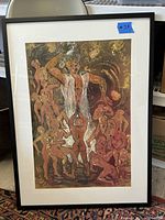 Full view of the framed painting showing the composition of multiple human figures with a black frame and white mat.