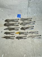 Full lot of 12 Vise Grip locking pliers, various types and sizes laid out in rows including curved, straight, and long nose jaw styles.