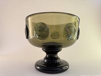 Front view of olive green footed glass bowl showing color, foot pedestal, and indented circular accents.