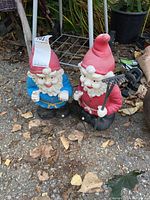 Two garden gnomes sitting adjacent on soil ground surrounded by leaves and garden tools, one dressed in blue and one in red with a red hat and a rake.