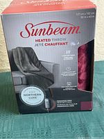 Front of original Sunbeam heated throw box showing product image, size, and features.