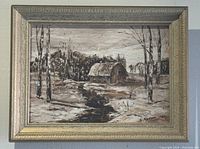 Front view of painting showing Northern Ontario barn, stream, trees, and cloudy sky with signature G. Herdman at bottom right, framed in ornate carved frame.
