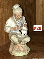 Front view of the bisque porcelain figurine showing the elderly man seated with jar